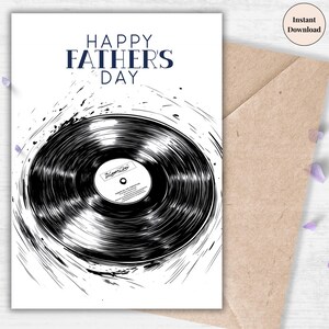 Vinylplaat Vaderdagkaart – Afdrukbaar muziekliefhebber cadeau voor papa, retro platenspelerkunst, digitale kaart voor coole muziekvaders | Beste vader