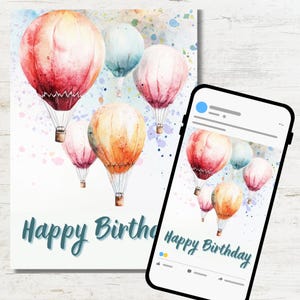 Birthday card Watercolor Balloons Printable greeting card | Happy birthday | Digital download | Ecard Birthday | Instant download Ecard