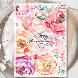 Afdrukbare jubileumkaart Blush Peony – Romantische digitale liefdeskaart voor vrouw, vriendin, haar | Elegante aquarelbloem | Doordacht cadeau