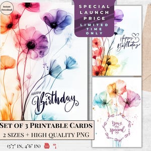 Geburtstagskarte | Aquarell Blumen druckbare Grußkarte | Alles Gute zum Geburtstag Digitaler Download | Moderne 3er Set | Tuschestil