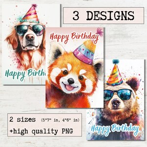 Cartão de aniversário Aquarela Animais legais Cartões de felicitações para impressão Pacote de 3 designs | Download digital | Ecard Aniversário Design moderno e elegante