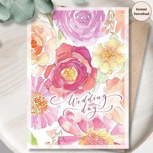 Blumenhochzeitstag druckbare - elegante digitale Karte Aquarell Rosen, romantische Ehe Andenken, Sofort Download | Pastell Blumen Braut