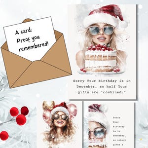 Feestelijk verjaardagstrio december: vrolijke aquarelkerstkaarten | Grappige afdrukbare digitale download