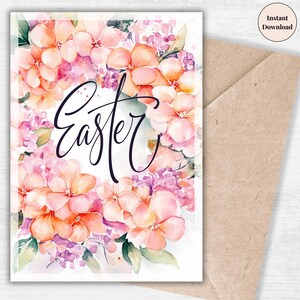 Elegant Easter Floral Printable Card - Hand-Drawn Spring Wreath Design, Soft Pastel Colors, DIY Digital Holiday Greeting Download for her