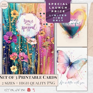 Carte d'anniversaire avec citations Carte de voeux imprimable Lot de 3 | Vous êtes une carte spéciale pour elle | Téléchargement numérique | E-card coeur fleur papillon