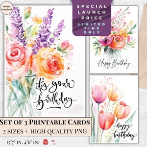 Printable Birthday Card Set – Watercolor Floral Digital Cards – Happy Birthday for Mom, Wife, Girlfriend, Sister, Grandma – Instant Download