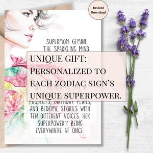 Arte murale personalizzata stampabile per la mamma dei Gemelli / Biglietto digitale per supermamme dello zodiaco / Regalo personalizzato per la festa della mamma / Citazione sul segno d'aria per la mamma / Per la mamma
