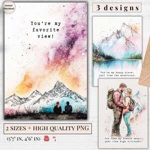 Cartões de felicitações de dia dos namorados para impressão em aquarela Pacote com 3 designs | Amor na montanha com citações de aventura | Download digital | Design da natureza
