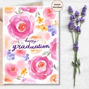 Watercolor Graduation Roses Card – Modern Bright Congrats Printable with a Fresh Painterly Feel | Instant Download | Eco-friendly Grad Ecard