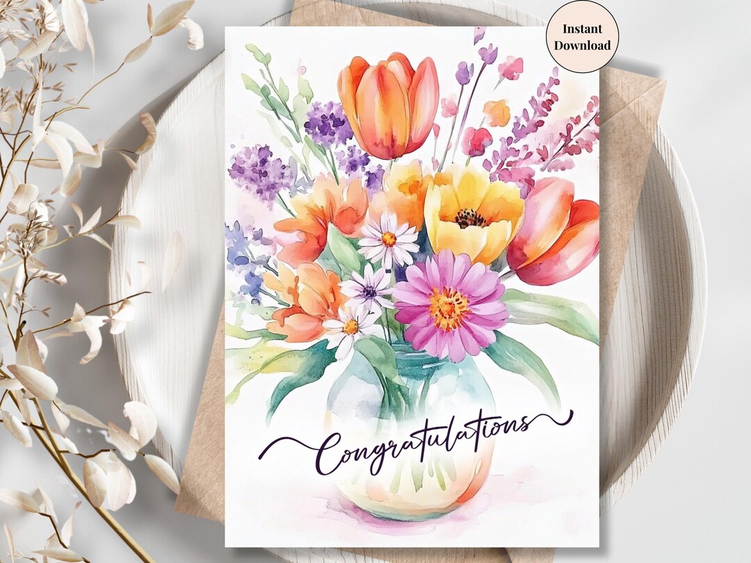 Floral Congratulations Card: Printable Vase Bouquet (digital Download ...