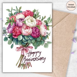 Romantico biglietto di anniversario floreale • Biglietto d'amore con bouquet stampabile • Ricordo acquerello di peonia • Download immediato di PNG digitale • Stampa a casa