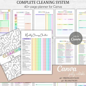 May include: A complete cleaning system planner with 40+ pages, fully editable in Canva. The planner includes checklists, schedules, and calendars. The cover features a black and white illustration of cleaning supplies. The pages have pastel color schemes.