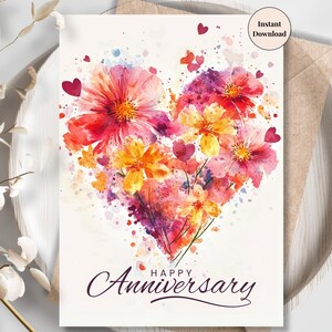 Carte d'anniversaire coeur fleur - carte romantique imprimable pour femme, partenaire, petite amie ou cadeau d'étape numérique de mariage | Imprimez à la maison