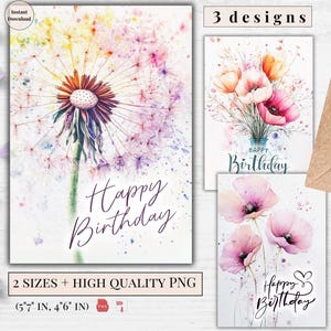 Geburtstagskarte Aquarell Blume - druckbare Karte, digitaler Download, Sofort, PDF, Blumenmuster, für Sie, Geburtstagsgeschenk | Alles Gute zum Geburtstag