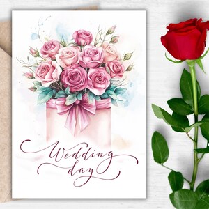 Wedding Day Card - Romantic Bouquet Printable, Soft Floral Box Digital Greeting, Bride & Groom Gift, Elegant Love Keepsake, Instant Download