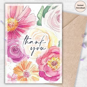 Printable Floral Thank You Card – Bright Blooms for Customers, Friends, Teachers or Special Occasion | Appreciation for Family, Mom, Auntie