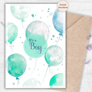 It's a Boy Balloon Printable – Gender Reveal or Birth Announcement in Soft Green and Blue Watercolorsl | Instant Download for Future Parents