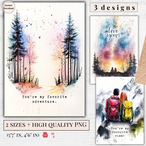Cartões de felicitações Love You para impressão em aquarela Pacote com 3 designs | Amor na montanha com citações de aventura | Download digital | Design da natureza