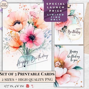 Cartão de Feliz Aniversário - Ilustração de Buquê Floral para Imprimir, Download Instantâneo para Ela e Amantes da Natureza, Presente Único para Imprimir em Casa em Tons Pastel Suave