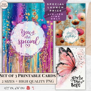 Tarjeta de cumpleaños Tarjetas de felicitación imprimibles / Juego de 3 diseños / Descarga digital / Tarjeta electrónica Cumpleaños Elegante Moderno / Abstracto Flor Mariposa arte
