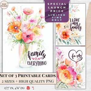 Biglietti di auguri per la famiglia stampabili – Regalo floreale ad acquerello per mamma, papà, zia, sorella, fratello – Download immediato – Apprezzamento della famiglia fai da te