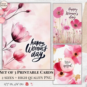 Elegantes tarjetas imprimibles para el Día de la Mujer: diseños florales de acuarela en color rosa suave, saludos digitales, mensajes de amor, descarga instantánea