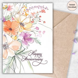 Tarjeta de aniversario con flores silvestres: elegante imprimible botánico para esposa, saludo digital con un toque natural / Tarjeta de regalo de última hora muy considerada