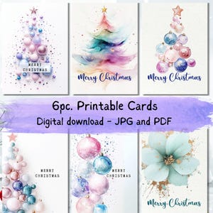 Cartes de Noël festives aquarelles pastel : lot de 6 modèles modernes à téléchargement numérique