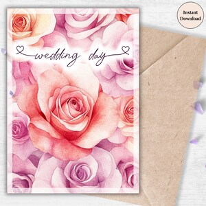 Wedding Day Card - Elegant Rose Printable, Soft Watercolor Florals, Romantic Digital Greeting, Instant Newlywed Gift, Bride & Groom Foldable