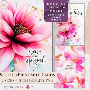 Rosa Aquarell Blumen Geburtstagskarte Set | Druckbare alles Gute zum Geburtstag Karte für Sie, Instant Download E-Karte, niedliches Design | Blumenmusterkarte