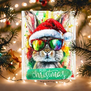Adorable tarjeta electrónica navideña con animales: postal festiva de conejito imprimible, descarga instantánea PNG, saludo navideño divertido