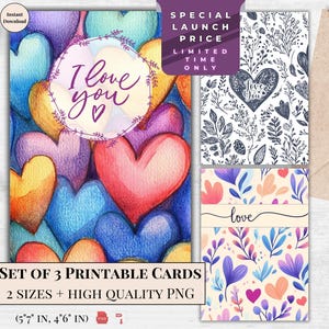 Tarjetas de felicitación de San Valentín imprimibles en acuarela, paquete de 3 diseños, tarjeta con patrón de amor, descarga digital, tarjeta electrónica, diseño moderno y elegante con forma de corazón