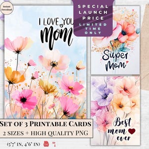 Ensemble de cartes imprimables Meilleure maman de tous les temps - Cartes aquarelles de fleurs sauvages pour la fête des mères - Cadeau numérique Je t'aime maman - Ecard à téléchargement immédiat Super maman