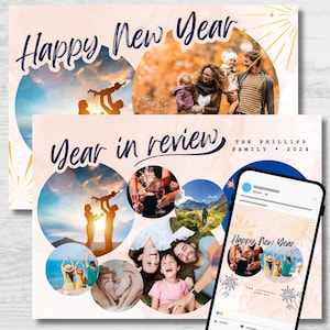 Aanpasbare e-kaart met familiejaaroverzicht: maandelijkse hoogtepunten en fotocollagesjabloon Canva | Overzicht gepersonaliseerd canvasontwerp voor het jaar