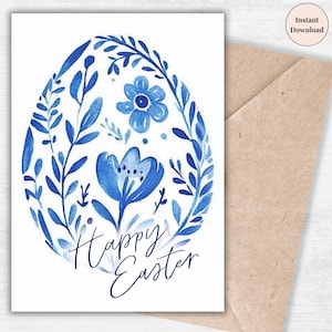 Blue Folk Art Easter Egg Printable Card - Watercolor Scandinavian Design, Happy Easter Digital Greeting, Rustic Spring Holiday Card Download
