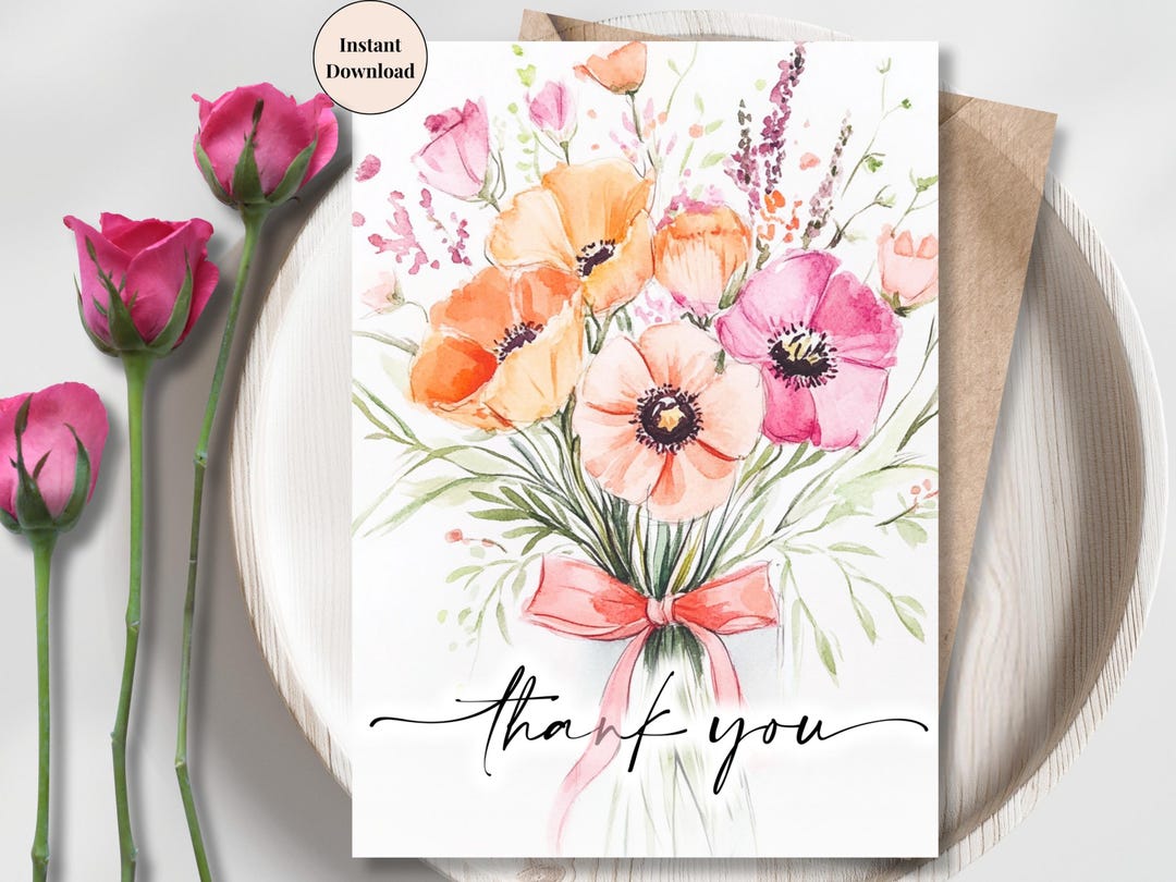 Floral Bouquet Thank You Card: Watercolor Flowers With Bow (PDF & PNG ...