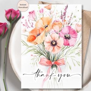 Bright Floral Bouquet Thank You Card – Printable Watercolor Flowers with Bow, Perfect for Friends, Mom, Teachers or Events | Special Thanks
