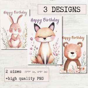 Carte d'anniversaire Animaux magiques Cartes de voeux imprimables Lot de 3 motifs | Téléchargement numérique | Ecards d'anniversaire mignonnes pour enfants