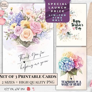 Merci de m'avoir aidé à grandir - jeu de cartes de professeur imprimable, cartes de voeux florales aquarelles, appréciation de l'enseignant, carte cadeau attentionnée