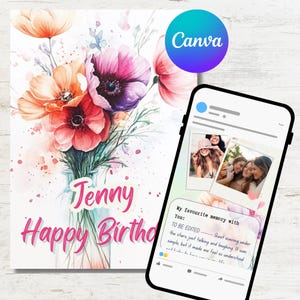 Modello di biglietto di auguri di compleanno personalizzato in acquerello per Canva / Biglietto modificabile con note e foto personali / Biglietto con fiori ad acquerello