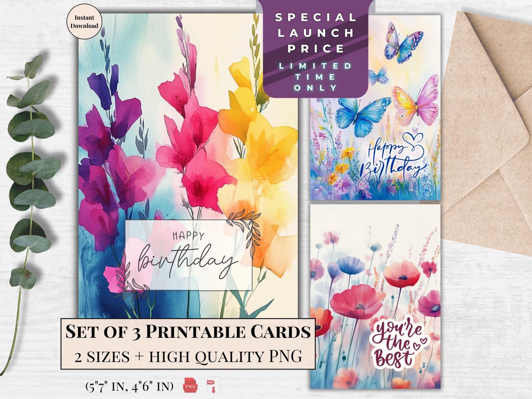 Watercolor Floral Birthday Card Set: Printable Ecards (digital Download ...