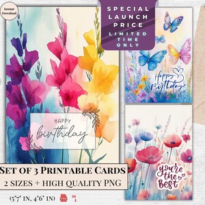 Birthday Card | Watercolor Flowers Printable Greeting Card | Happy Birthday Digital Download | Instant Ecard Set of 3 Floral Designs