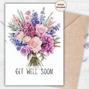 Get Well Soon Card with Elegant Lilac and Rose Bouquet – Printable Encouragement for Her, Wife, Friends, Family, Coworkers, or Teachers