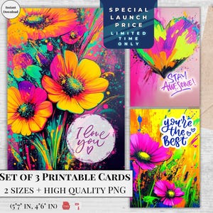 Tarjetas de felicitación de cumpleaños imprimibles con neón llamativo / Juego de 3 diseños / Tarjeta electrónica brillante Stay awesome / Descarga digital / Flores elegantes y modernas