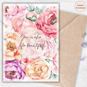 Tarjeta de aniversario imprimible "Me encanta la vida": saludo floral digital romántico para ella, esposa o novia / Tarjeta de amor floral electrónica