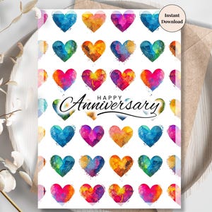 Kleurrijke aquarel harten verjaardag afdrukbaar – leuke en gedurfde liefdeskaart voor partner, hem of haar, man of vrouw, vriend of vriendin