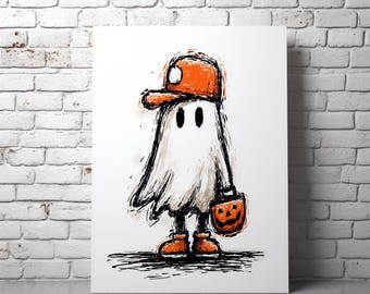 Vintage Ghost in Hat Printable Wall Art - Halloween Cartoon Illustration, Whimsical Spooky Decor, Black and White Digital Print 71
