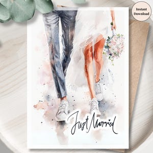 Just Married Printable Card - Elegant Bride & Groom Watercolor with Sneakers, Romantic Wedding Greeting, Digital Keepsake, Instant Download