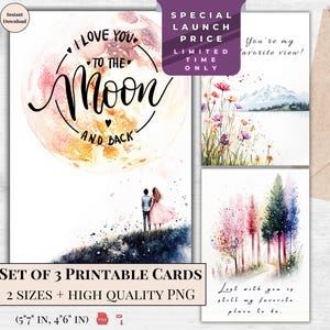 Cartes de voeux imprimables avec citations | Lot de 3 motifs | Téléchargement numérique | Je t'aime à la lune | Cadeau pour amoureux de la nature | Vue préférée