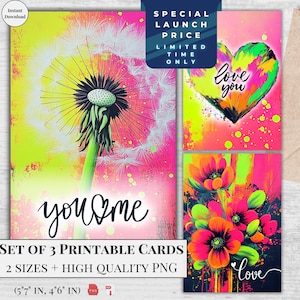 Paquete de 3 diseños de tarjetas de felicitación de San Valentín imprimibles, llamativas y llamativas / Amor neón / Descarga digital / Tarjeta electrónica con diseño moderno y elegante